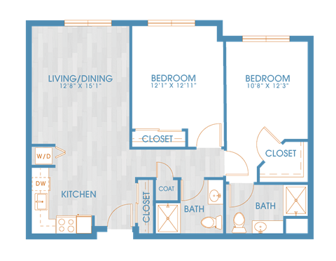 Floor plan for 2 beds, 2 baths, 941 sqft